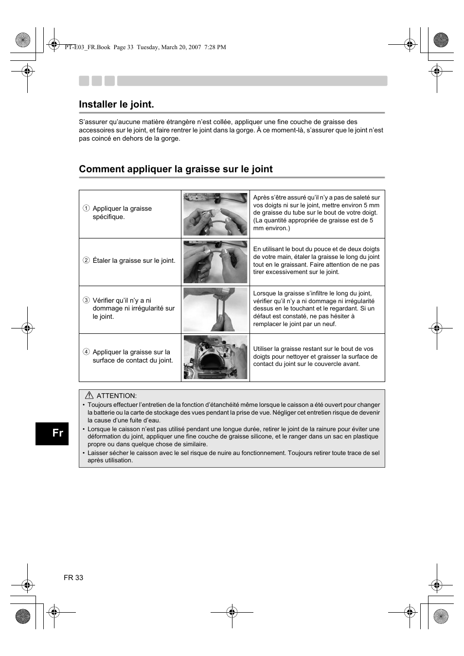 Installer le joint, Comment appliquer la graisse sur le joint | Olympus PT E03 User Manual | Page 114 / 284