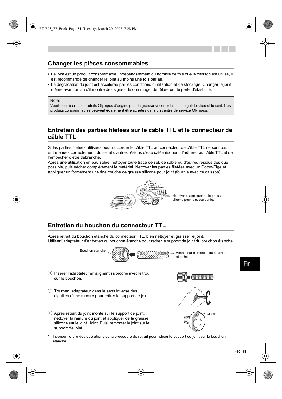 Changer les pièces consommables, Entretien du bouchon du connecteur ttl | Olympus PT E03 User Manual | Page 115 / 284