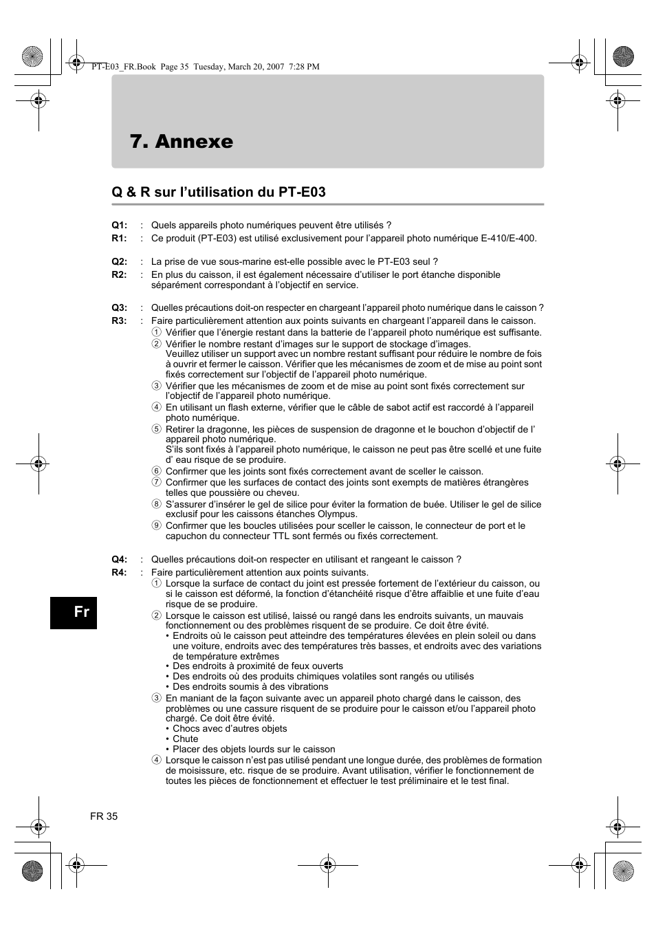 Annexe, Q & r sur l’utilisation du pt-e03 | Olympus PT E03 User Manual | Page 116 / 284