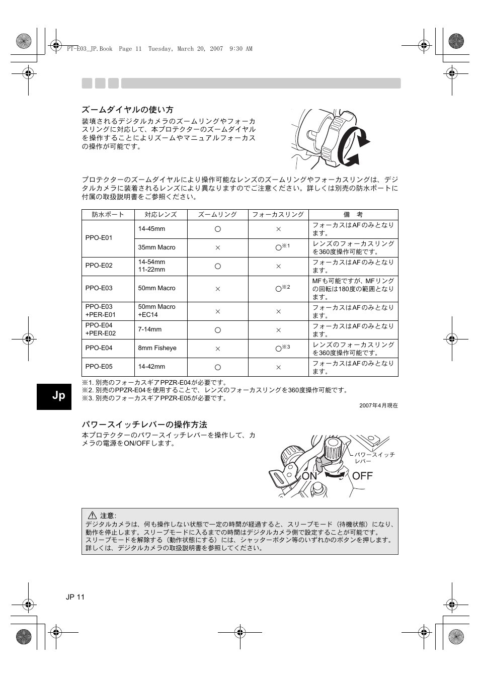 ズームダイヤルの使い方, パワースイッチレバーの操作方法, パワースイッチレバーの操作方法 ズームダイヤルの使い方 | Olympus PT E03 User Manual | Page 12 / 284