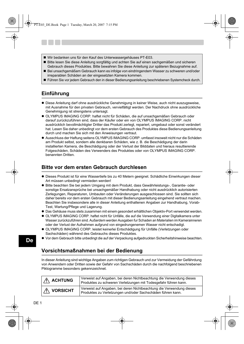 Einführung, Bitte vor dem ersten gebrauch durchlesen, Vorsichtsmaßnahmen bei der bedienung | Olympus PT E03 User Manual | Page 122 / 284