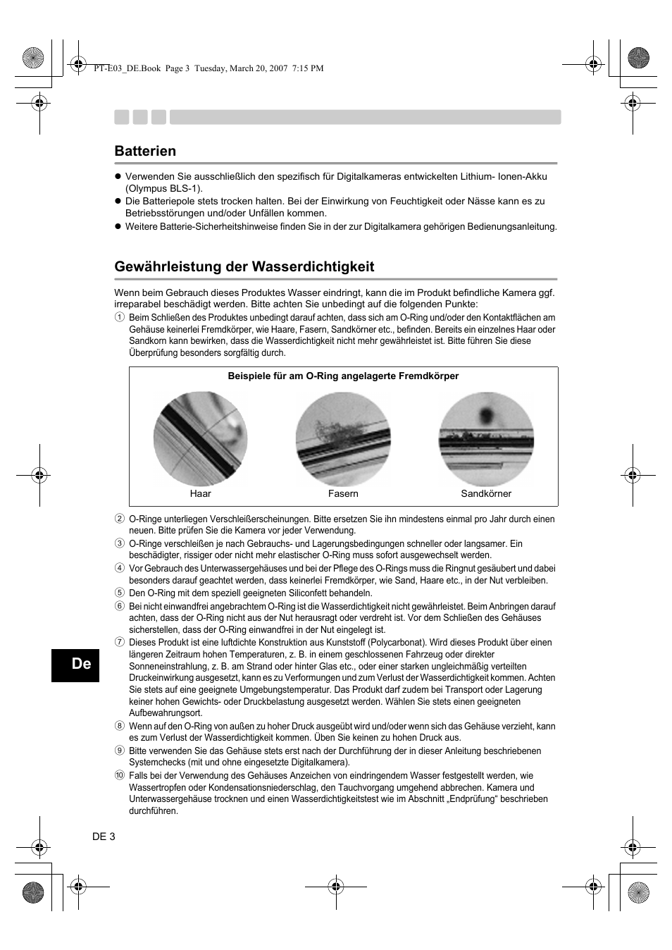 Batterien, Gewährleistung der wasserdichtigkeit | Olympus PT E03 User Manual | Page 124 / 284