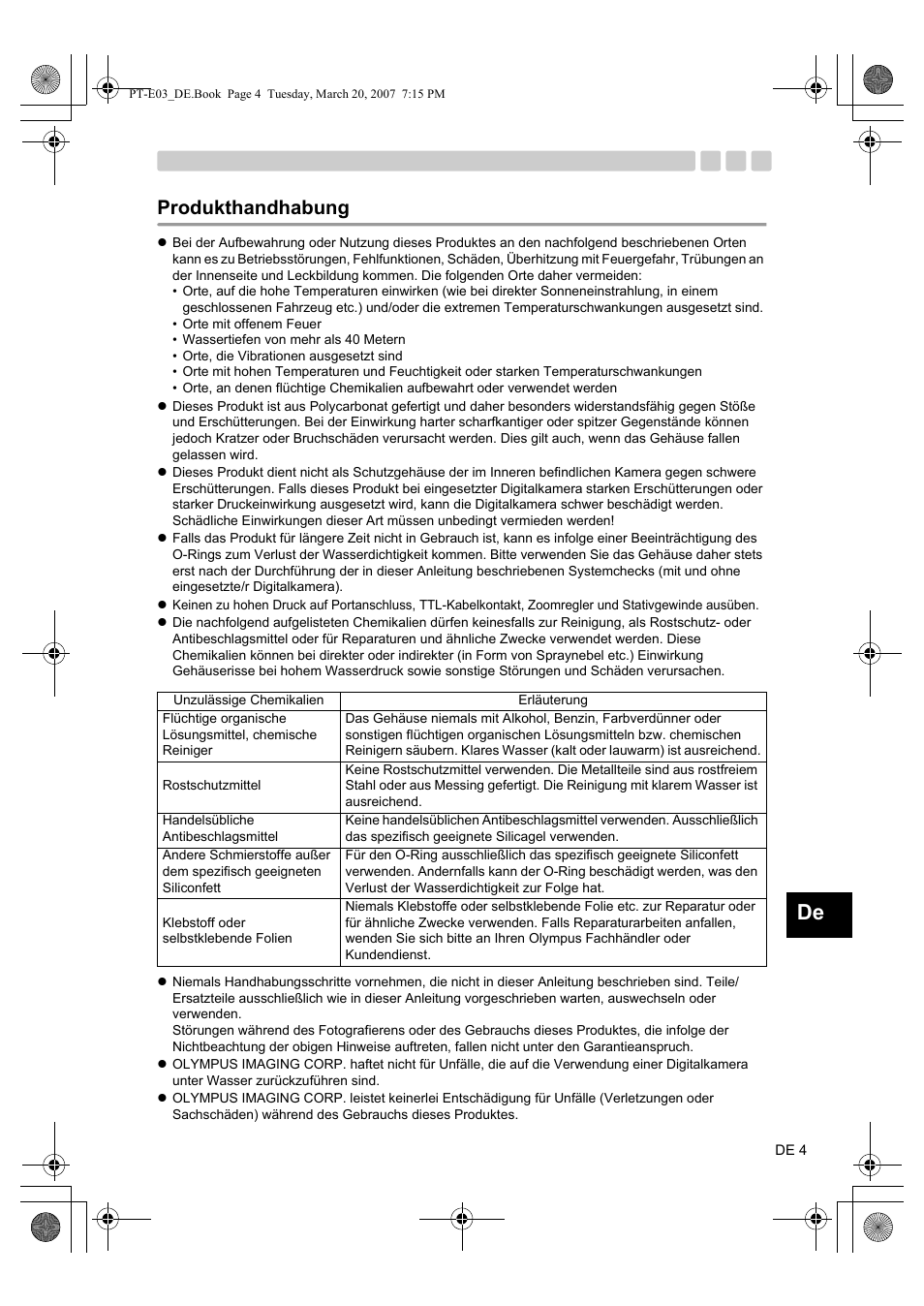 Produkthandhabung | Olympus PT E03 User Manual | Page 125 / 284