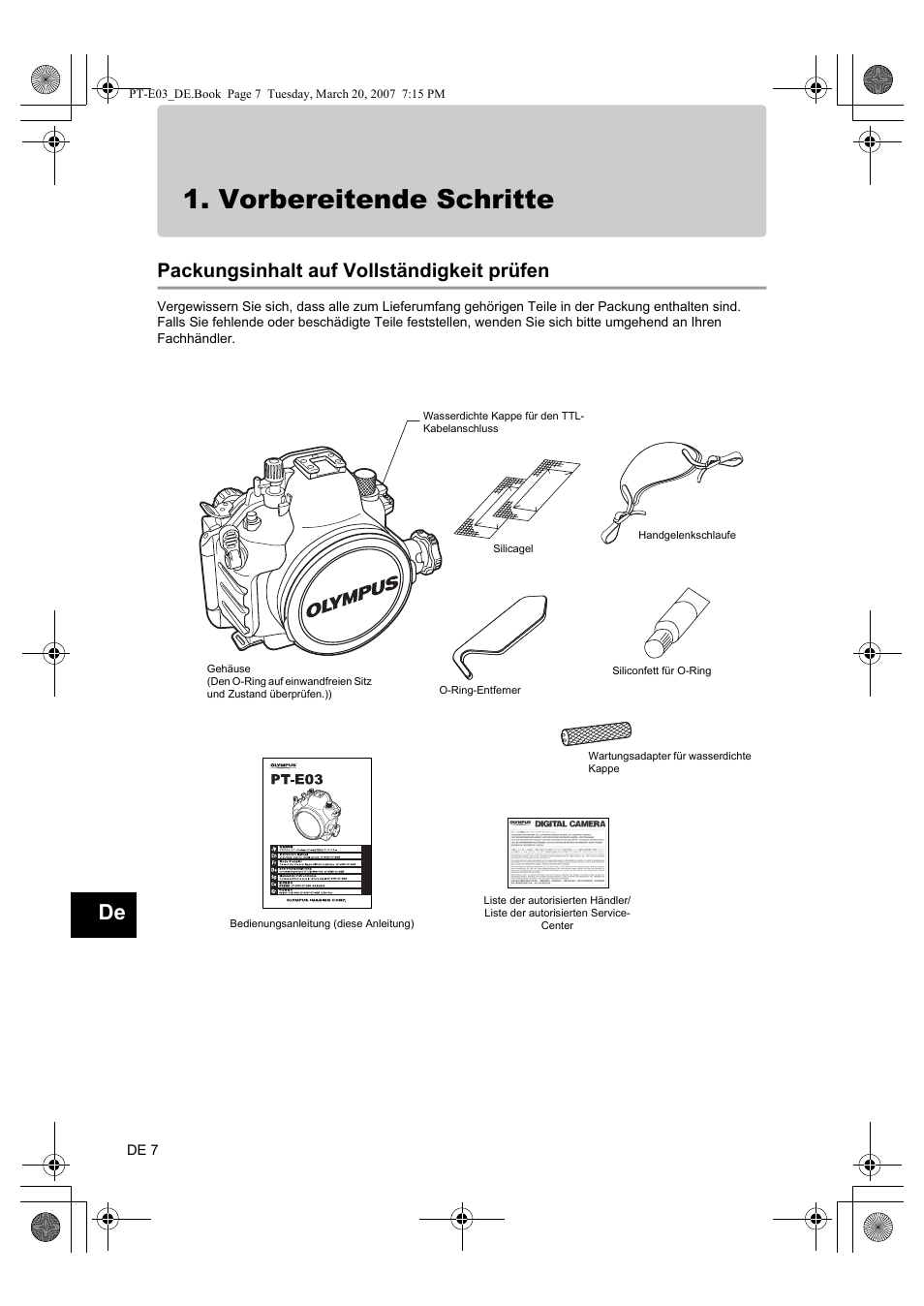 Vorbereitende schritte, Packungsinhalt auf vollständigkeit prüfen | Olympus PT E03 User Manual | Page 128 / 284