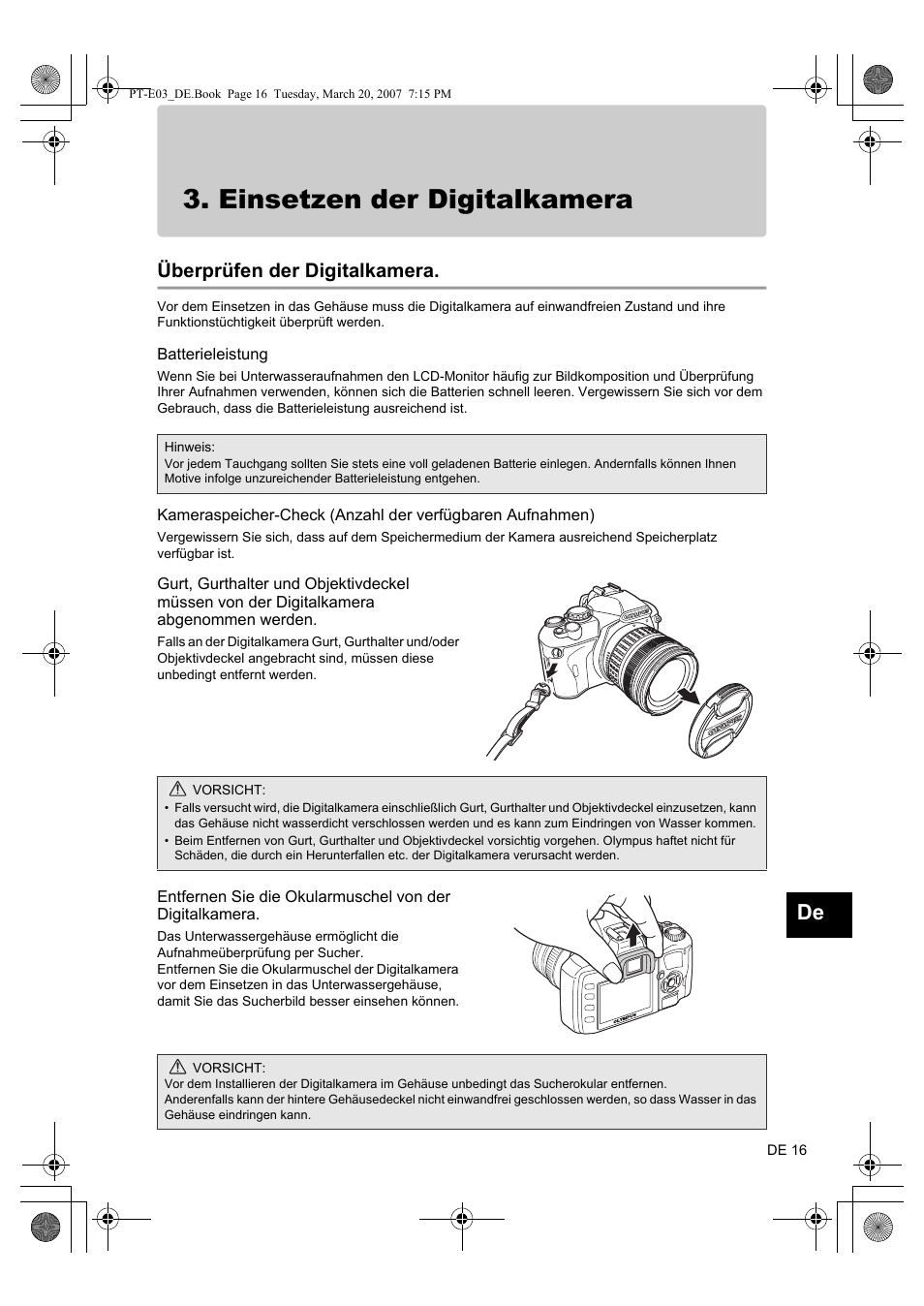 Einsetzen der digitalkamera, Überprüfen der digitalkamera | Olympus PT E03 User Manual | Page 137 / 284