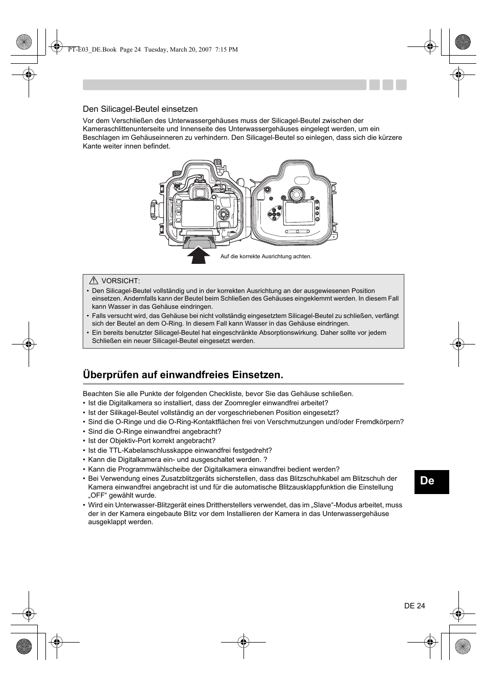 Den silicagel-beutel einsetzen, Überprüfen auf einwandfreies einsetzen | Olympus PT E03 User Manual | Page 145 / 284