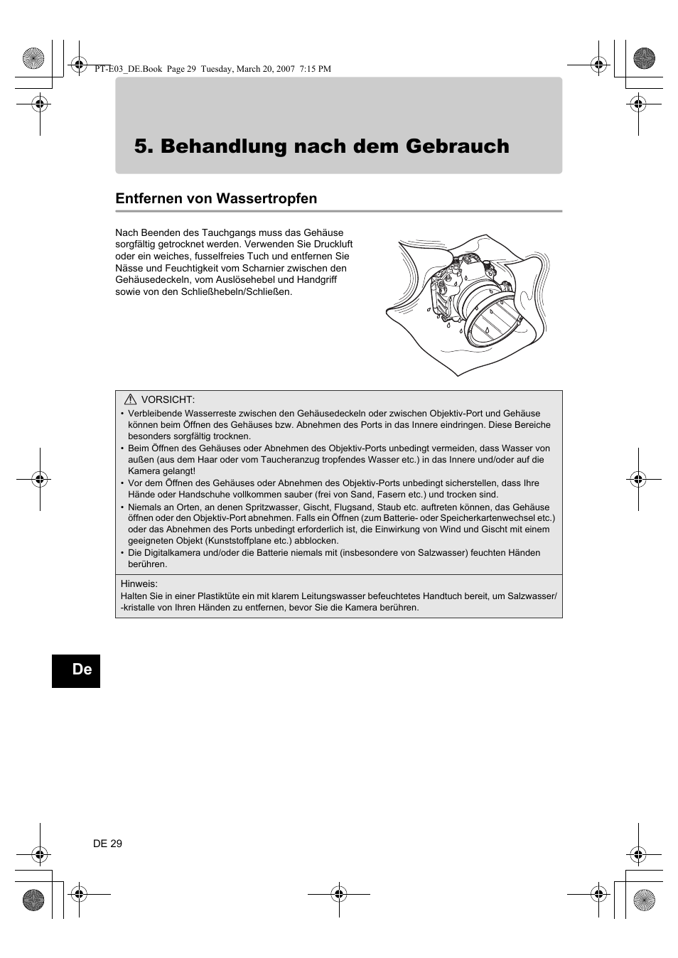 Behandlung nach dem gebrauch, Entfernen von wassertropfen | Olympus PT E03 User Manual | Page 150 / 284
