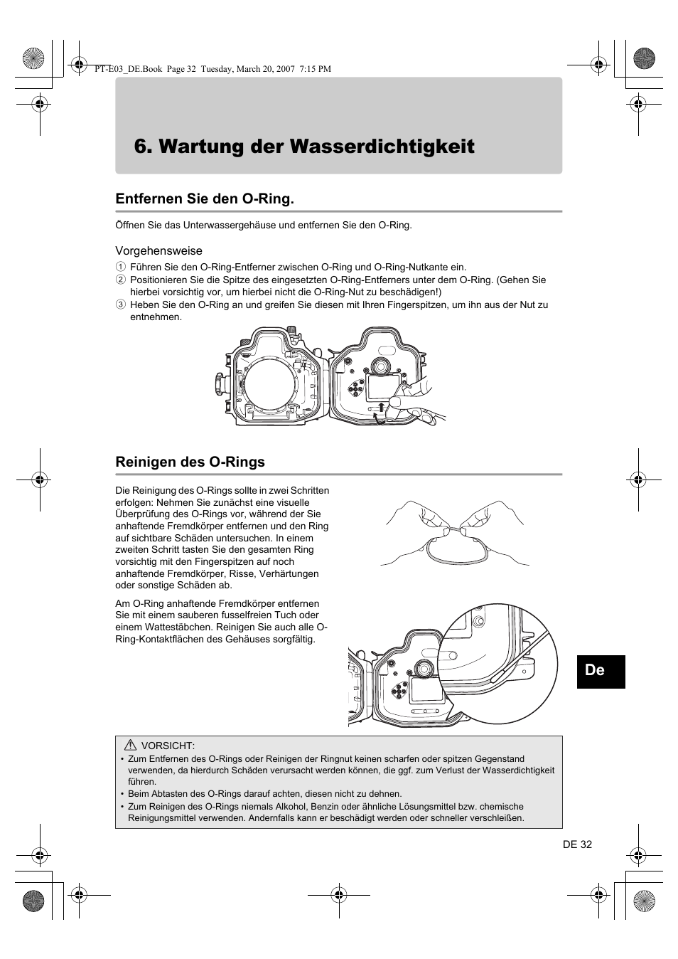 Wartung der wasserdichtigkeit, Entfernen sie den o-ring, Vorgehensweise | Reinigen des o-rings | Olympus PT E03 User Manual | Page 153 / 284