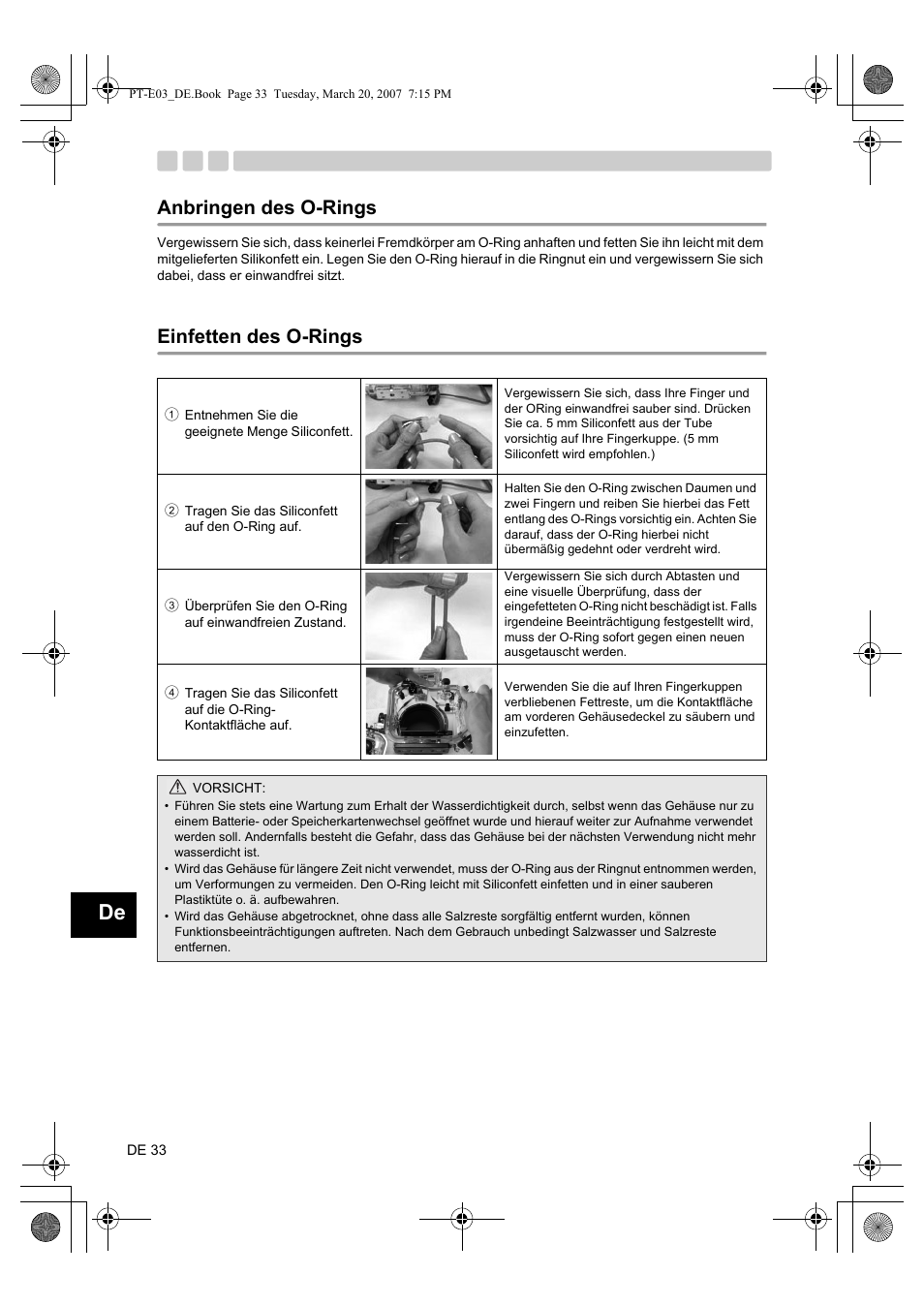 Anbringen des o-rings einfetten des o-rings, Anbringen des o-rings, Einfetten des o-rings | Olympus PT E03 User Manual | Page 154 / 284