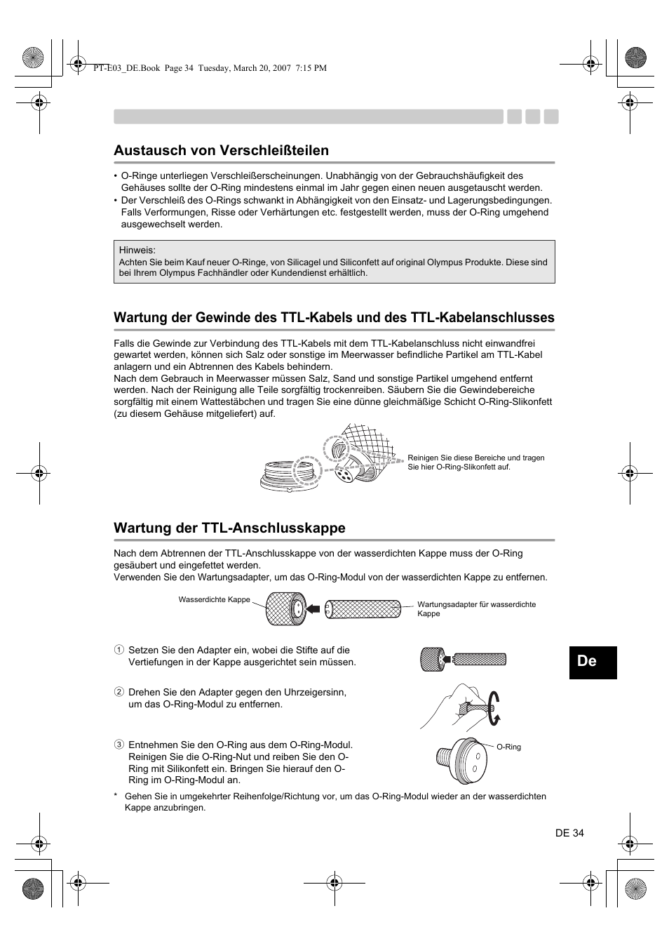 Austausch von verschleißteilen, Wartung der ttl-anschlusskappe | Olympus PT E03 User Manual | Page 155 / 284