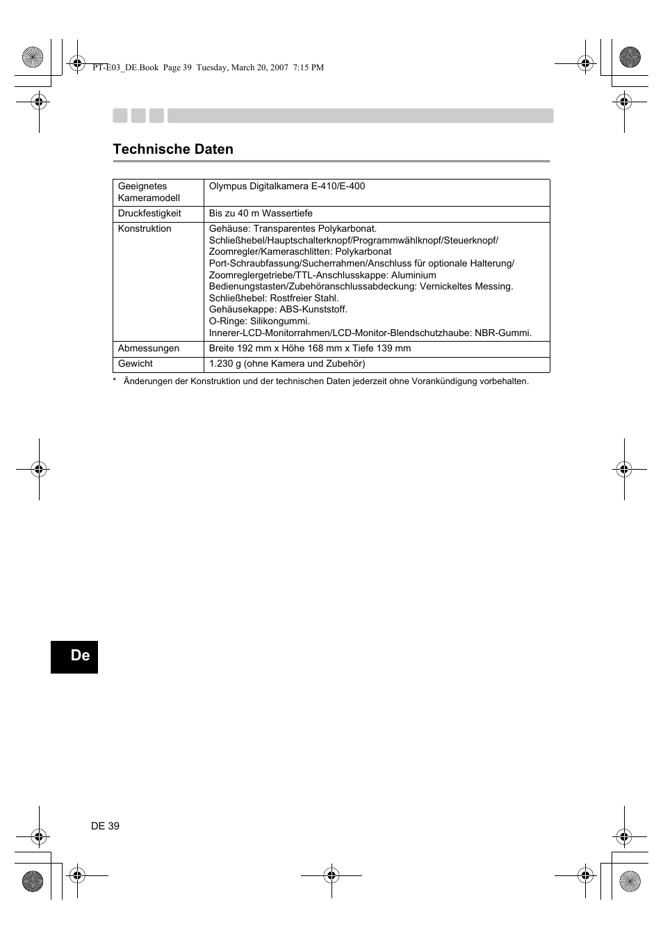 Technische daten | Olympus PT E03 User Manual | Page 160 / 284