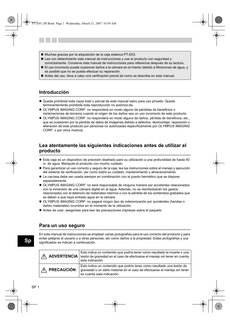 Introducción, Para un uso seguro | Olympus PT E03 User Manual | Page 162 / 284