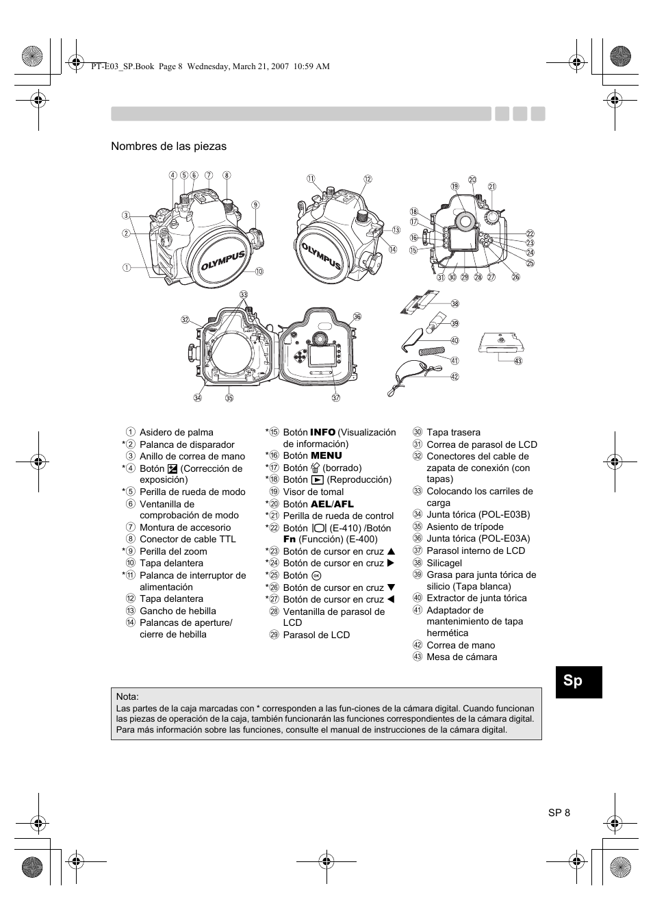Nombres de las piezas | Olympus PT E03 User Manual | Page 169 / 284