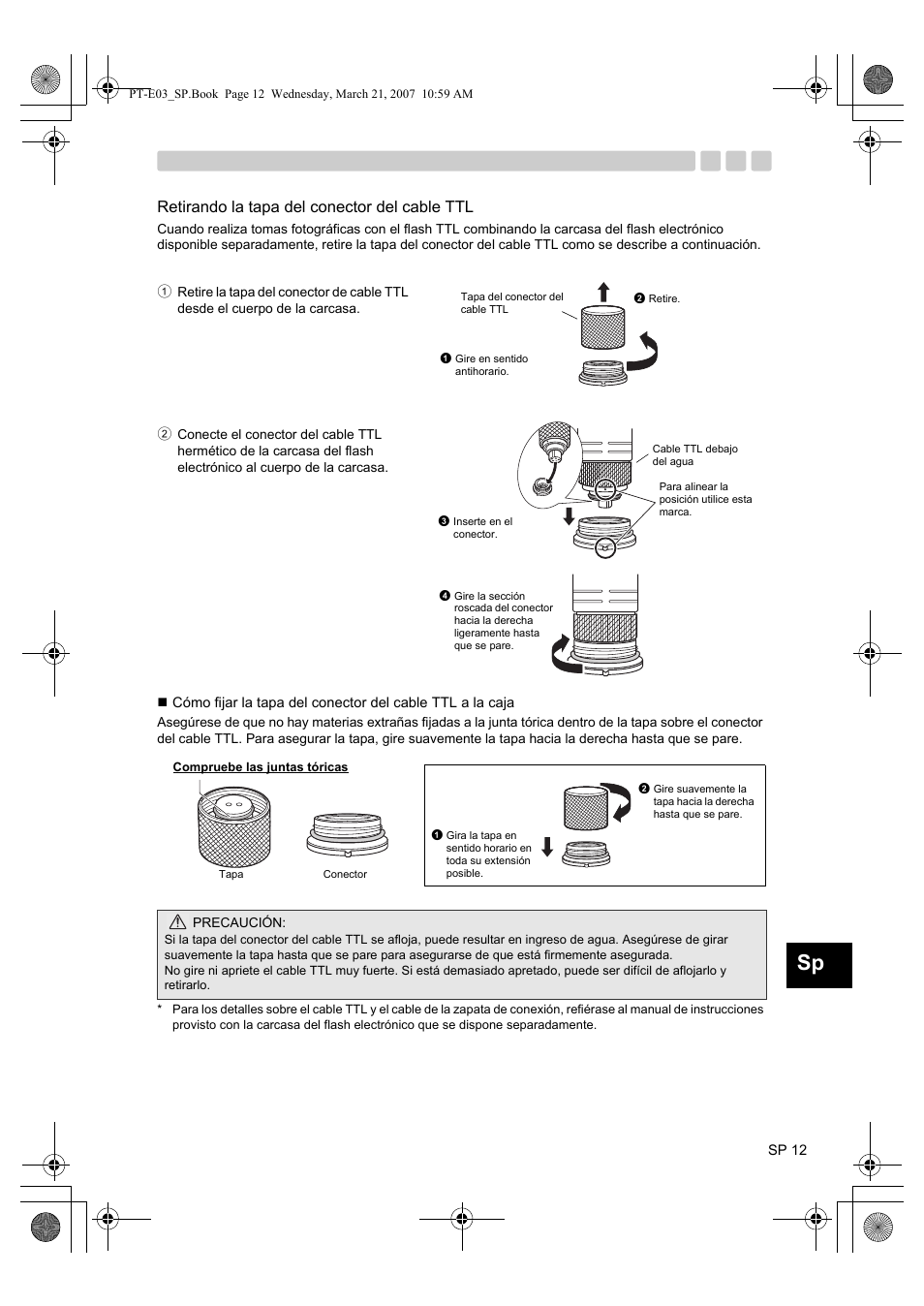 Retirando la tapa del conector del cable ttl | Olympus PT E03 User Manual | Page 173 / 284