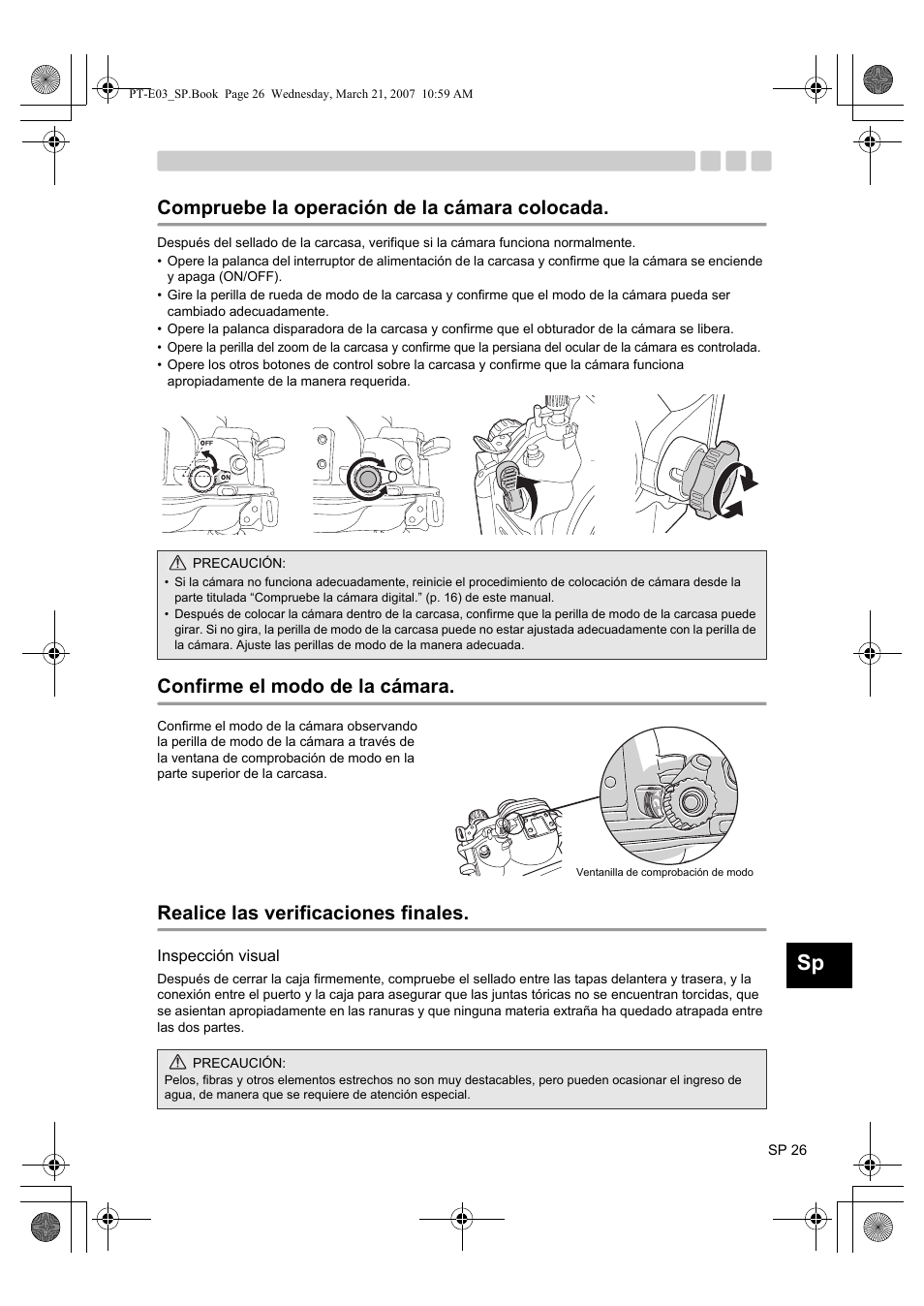 Inspección visual, Compruebe la operación de la cámara colocada | Olympus PT E03 User Manual | Page 187 / 284