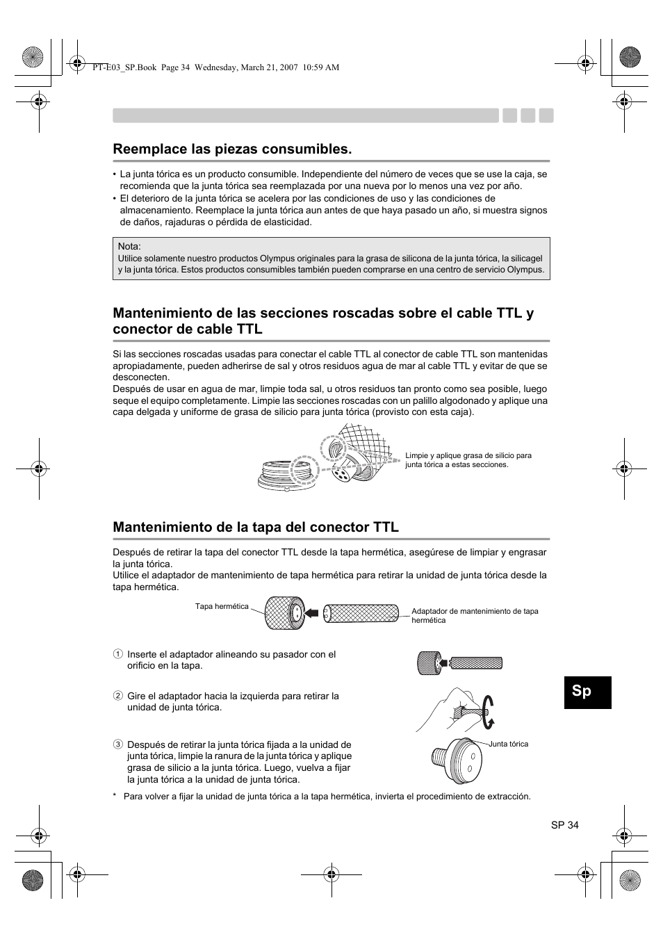 Reemplace las piezas consumibles, Mantenimiento de la tapa del conector ttl | Olympus PT E03 User Manual | Page 195 / 284