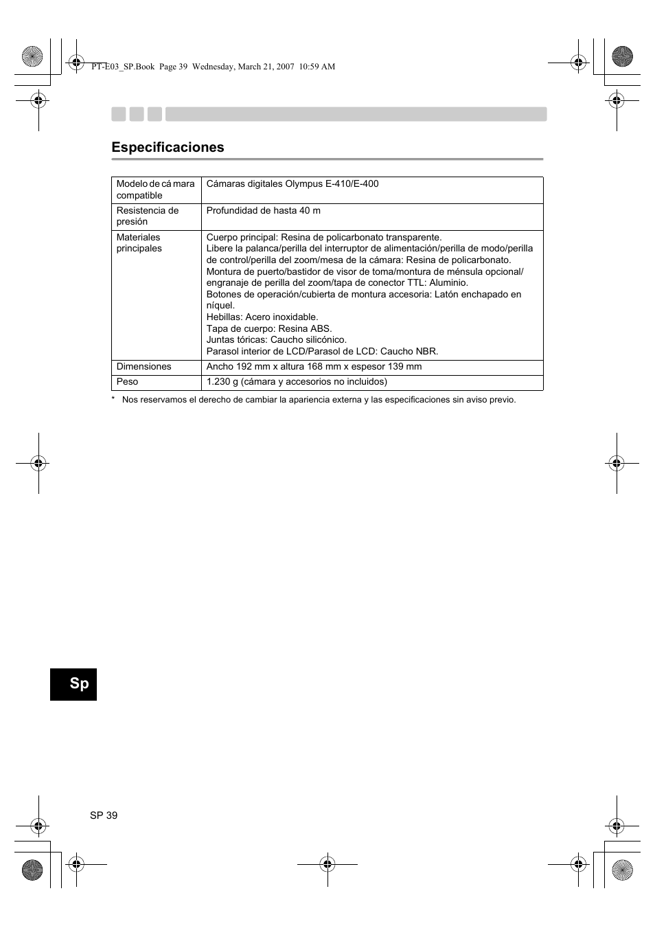 Especificaciones | Olympus PT E03 User Manual | Page 200 / 284