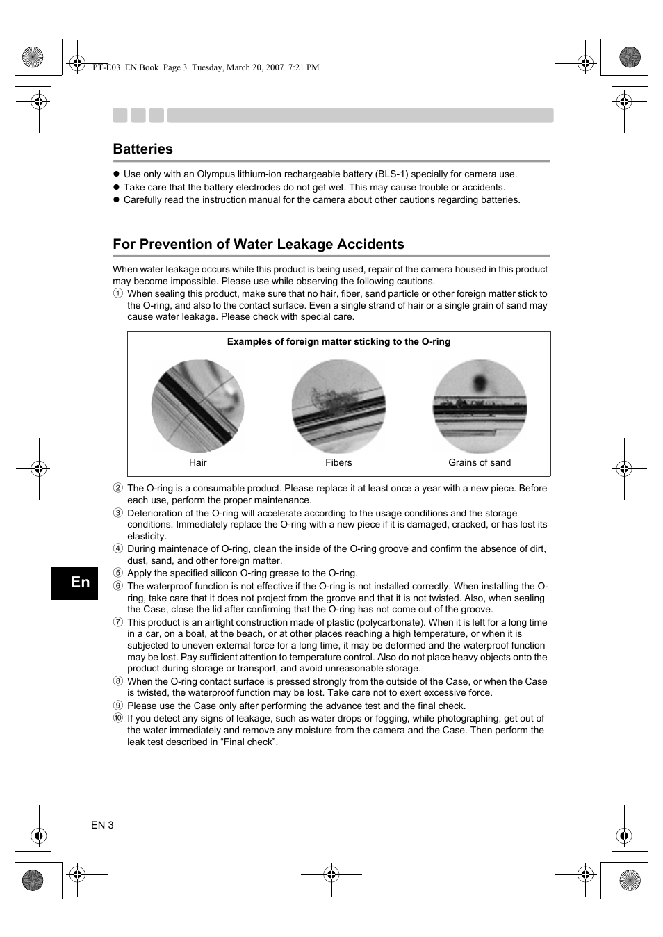 Batteries, For prevention of water leakage accidents | Olympus PT E03 User Manual | Page 44 / 284