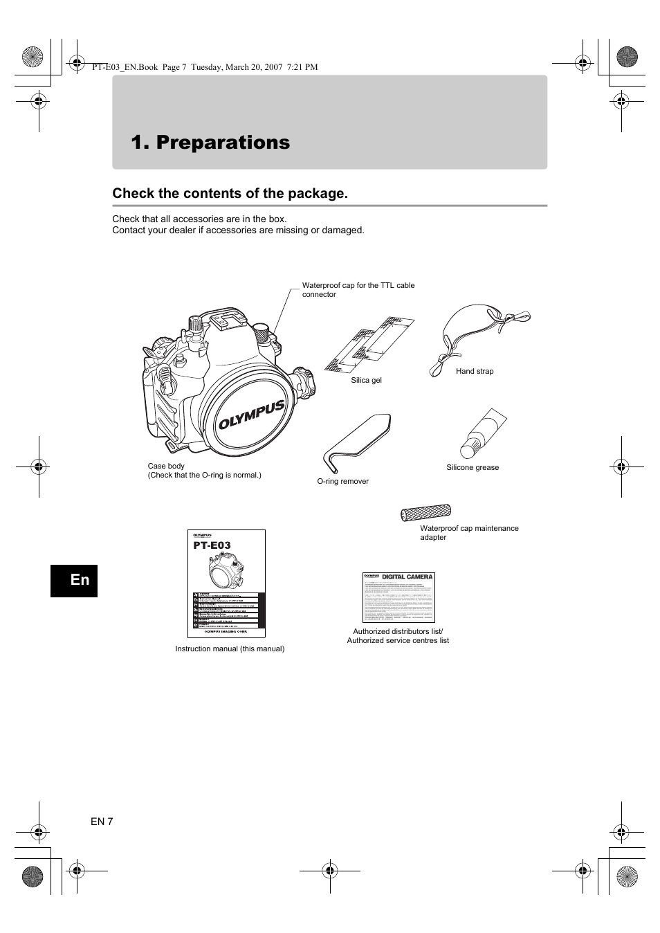 Preparations, Check the contents of the package | Olympus PT E03 User Manual | Page 48 / 284