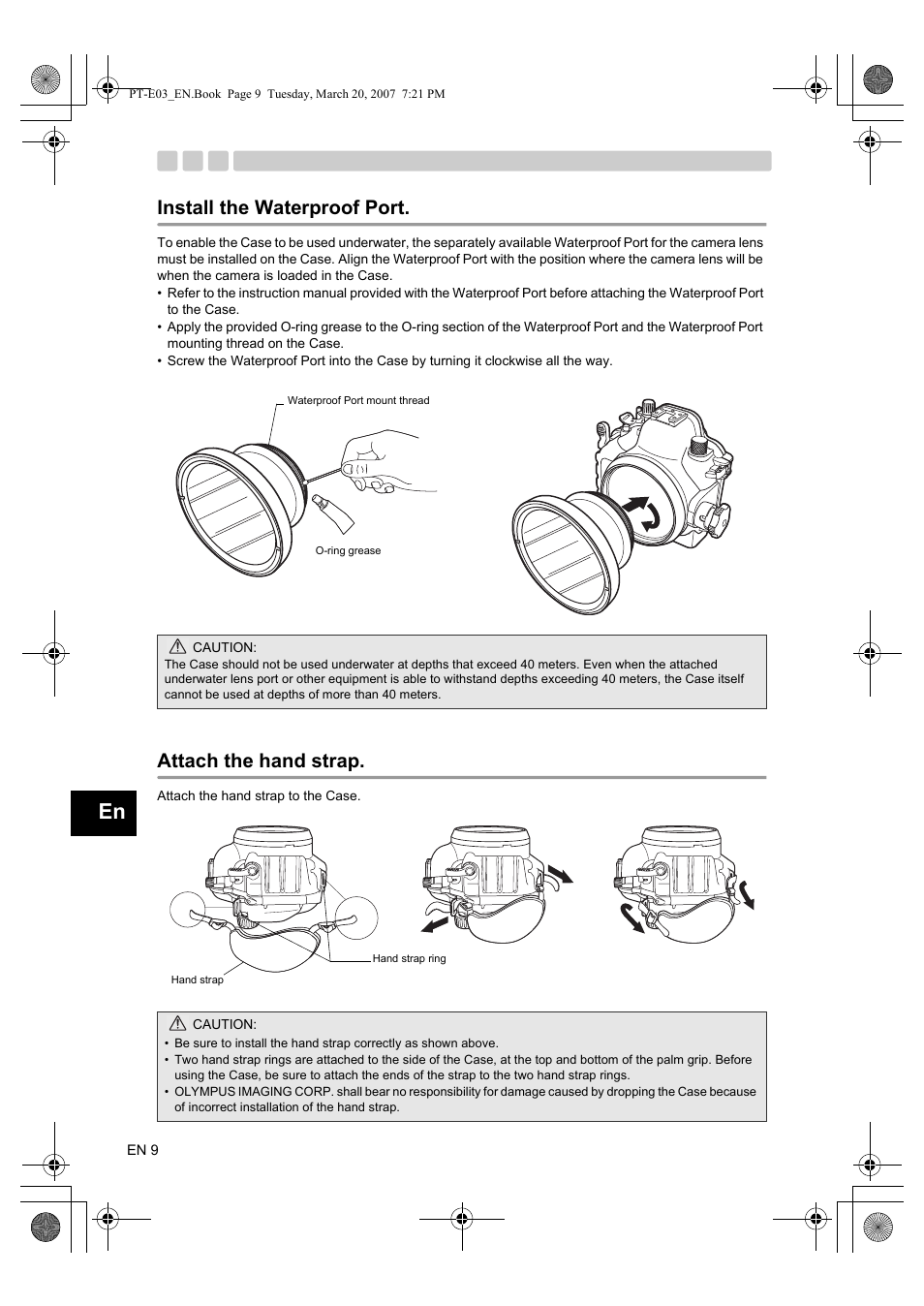 Install the waterproof port attach the hand strap, Install the waterproof port, Attach the hand strap | Olympus PT E03 User Manual | Page 50 / 284
