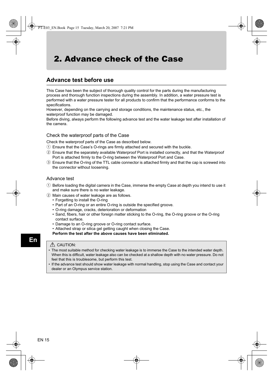 Advance check of the case, Advance test before use | Olympus PT E03 User Manual | Page 56 / 284