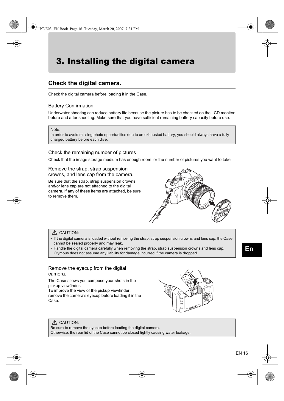Installing the digital camera, Check the digital camera | Olympus PT E03 User Manual | Page 57 / 284