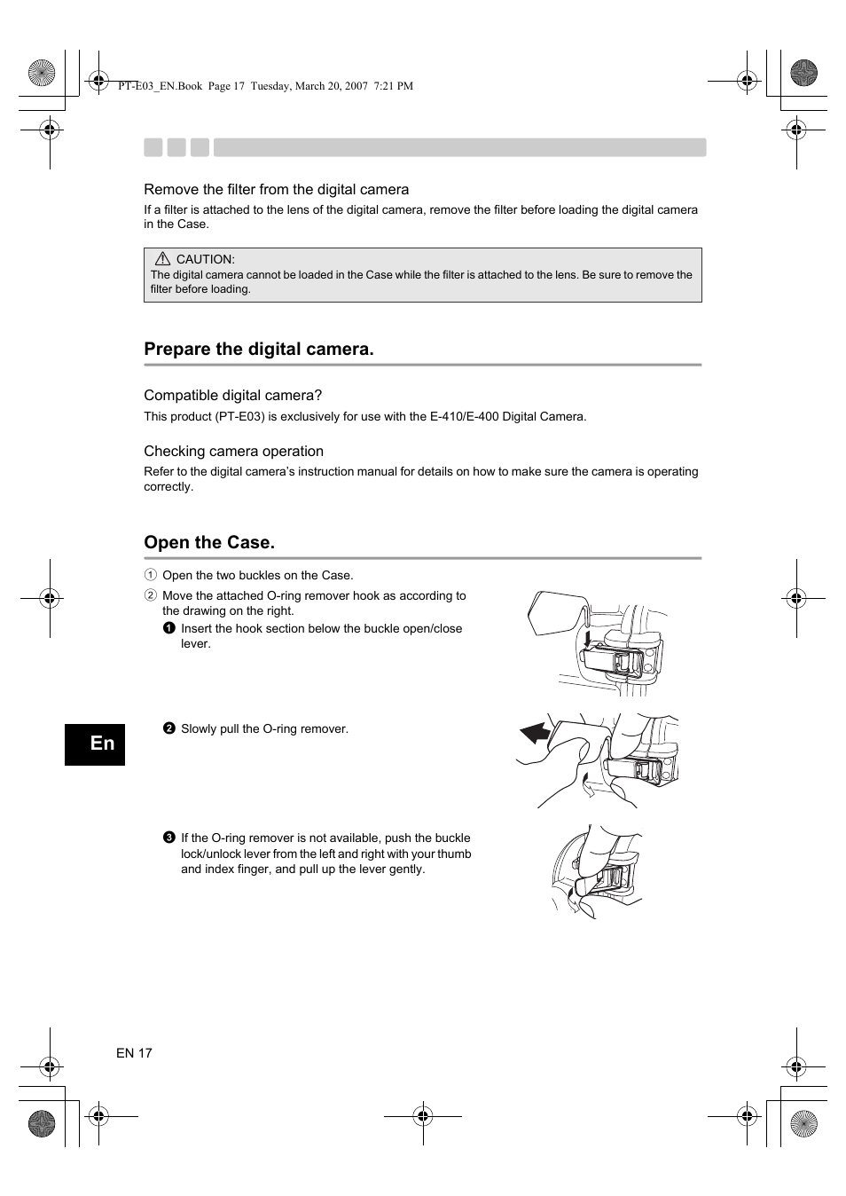 Remove the filter from the digital camera, Prepare the digital camera, Open the case | Olympus PT E03 User Manual | Page 58 / 284