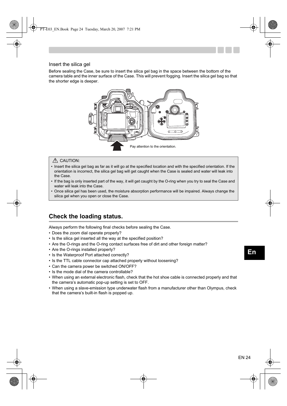 Insert the silica gel, Check the loading status | Olympus PT E03 User Manual | Page 65 / 284