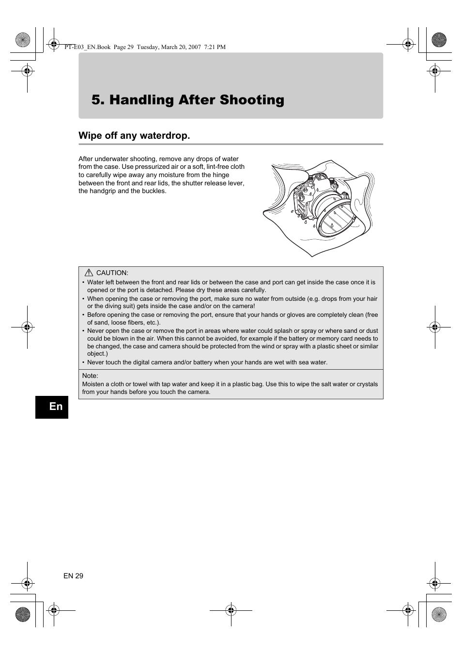 Handling after shooting, Wipe off any waterdrop | Olympus PT E03 User Manual | Page 70 / 284