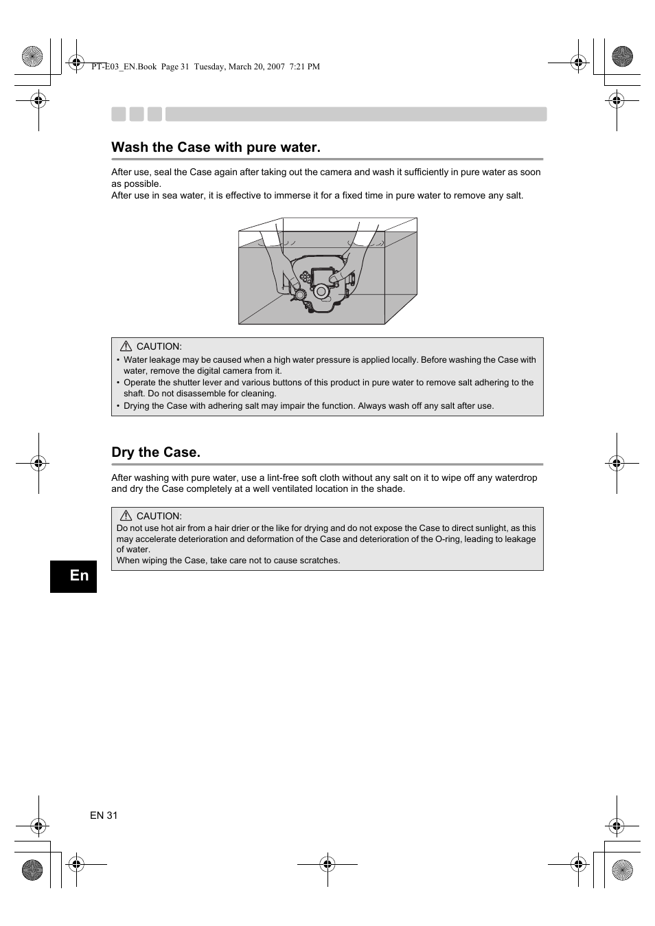 Wash the case with pure water dry the case, Wash the case with pure water, Dry the case | Olympus PT E03 User Manual | Page 72 / 284