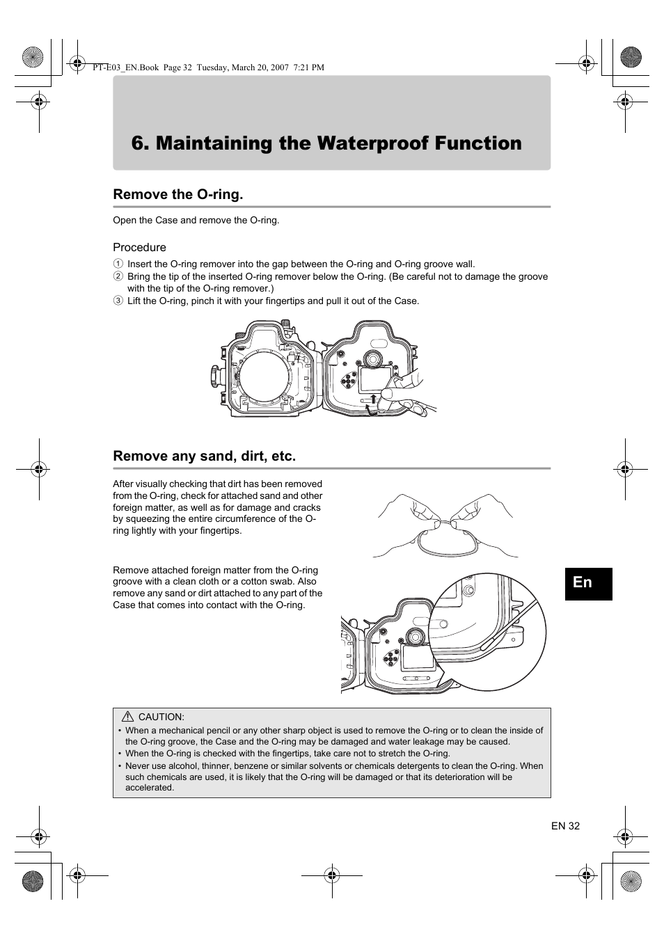 Maintaining the waterproof function, Remove the o-ring, Procedure | Remove any sand, dirt, etc | Olympus PT E03 User Manual | Page 73 / 284