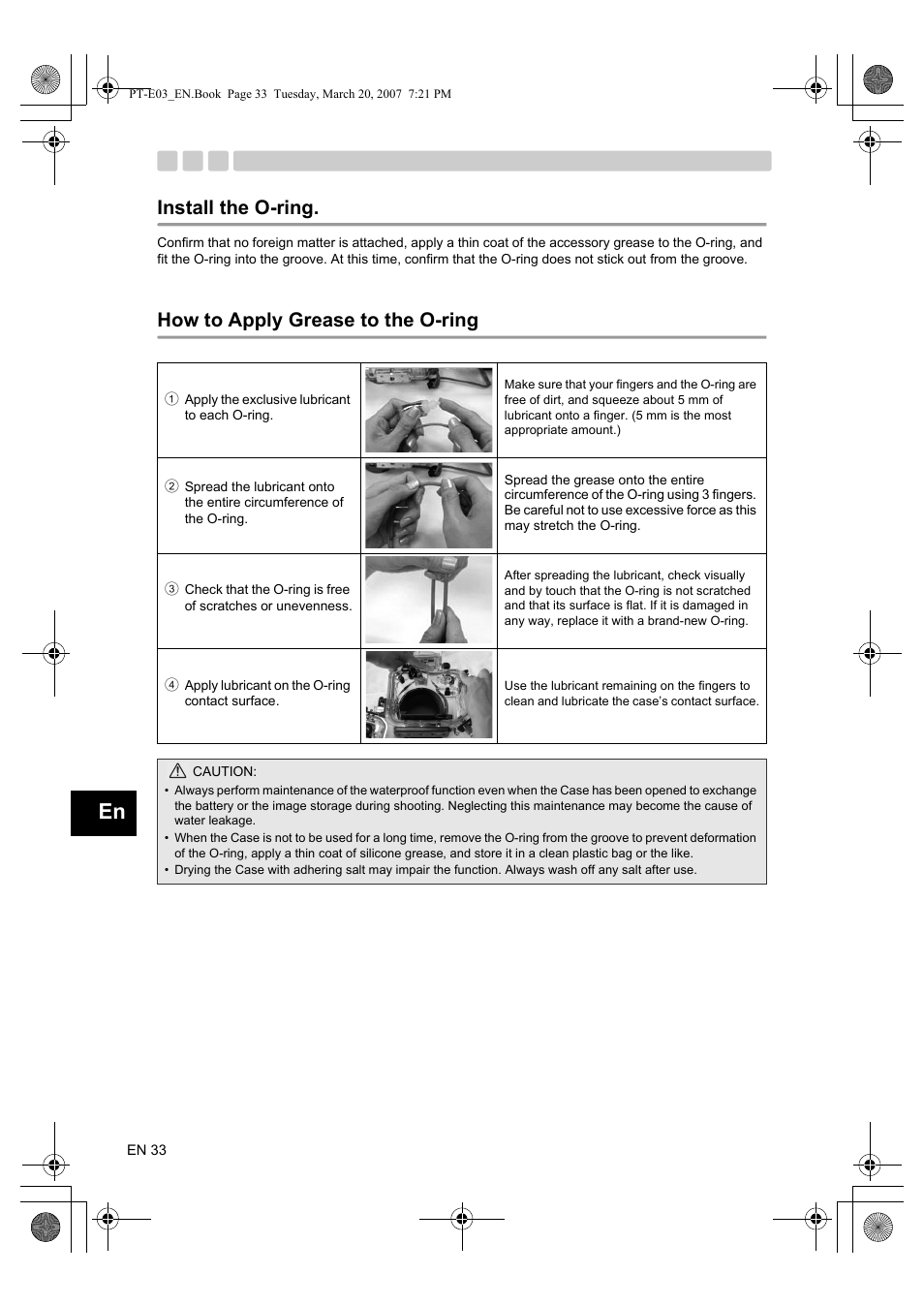 Install the o-ring, How to apply grease to the o-ring | Olympus PT E03 User Manual | Page 74 / 284