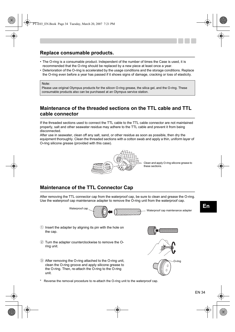 Replace consumable products, Maintenance of the ttl connector cap | Olympus PT E03 User Manual | Page 75 / 284