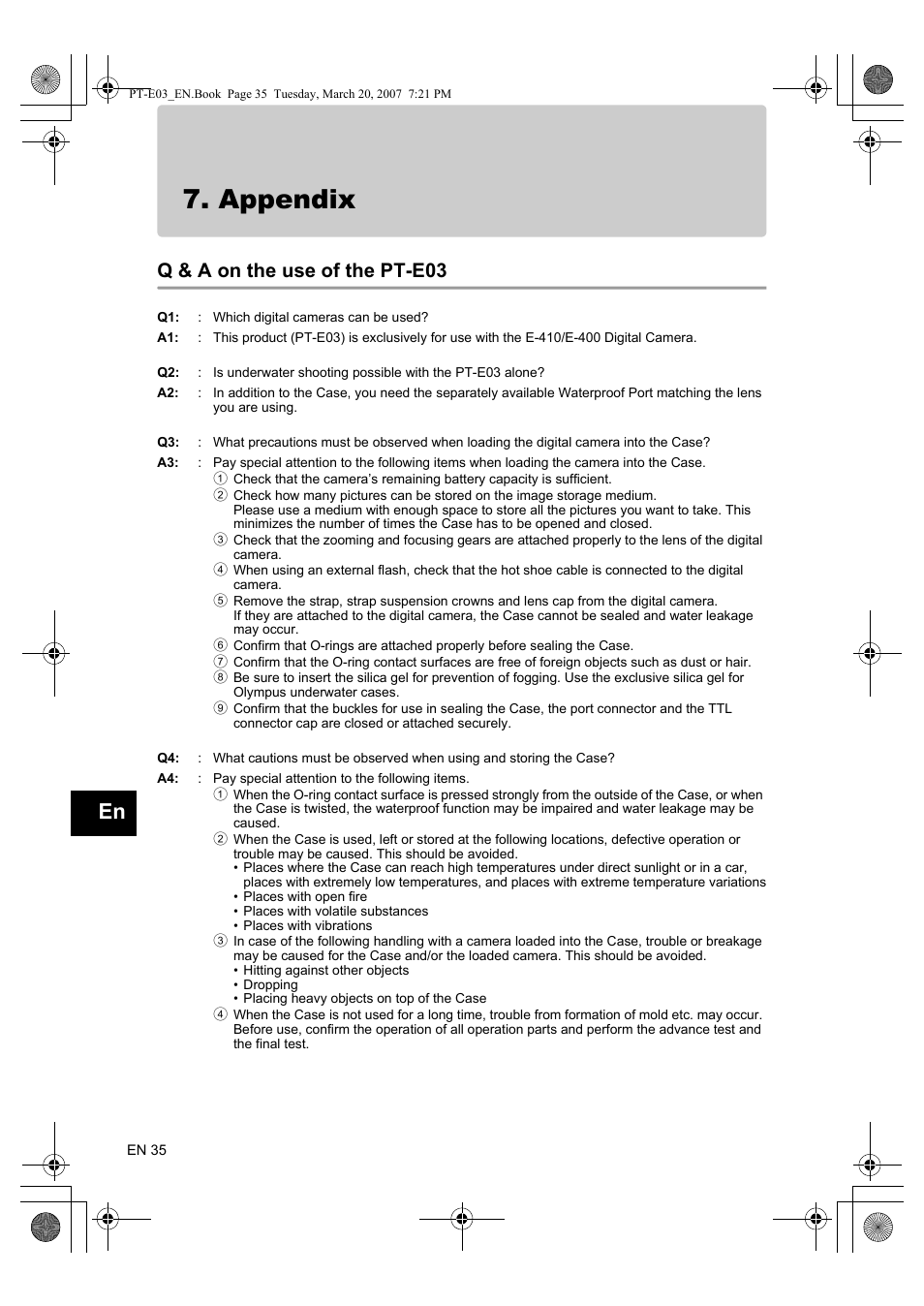 Appendix, Q & a on the use of the pt-e03 | Olympus PT E03 User Manual | Page 76 / 284
