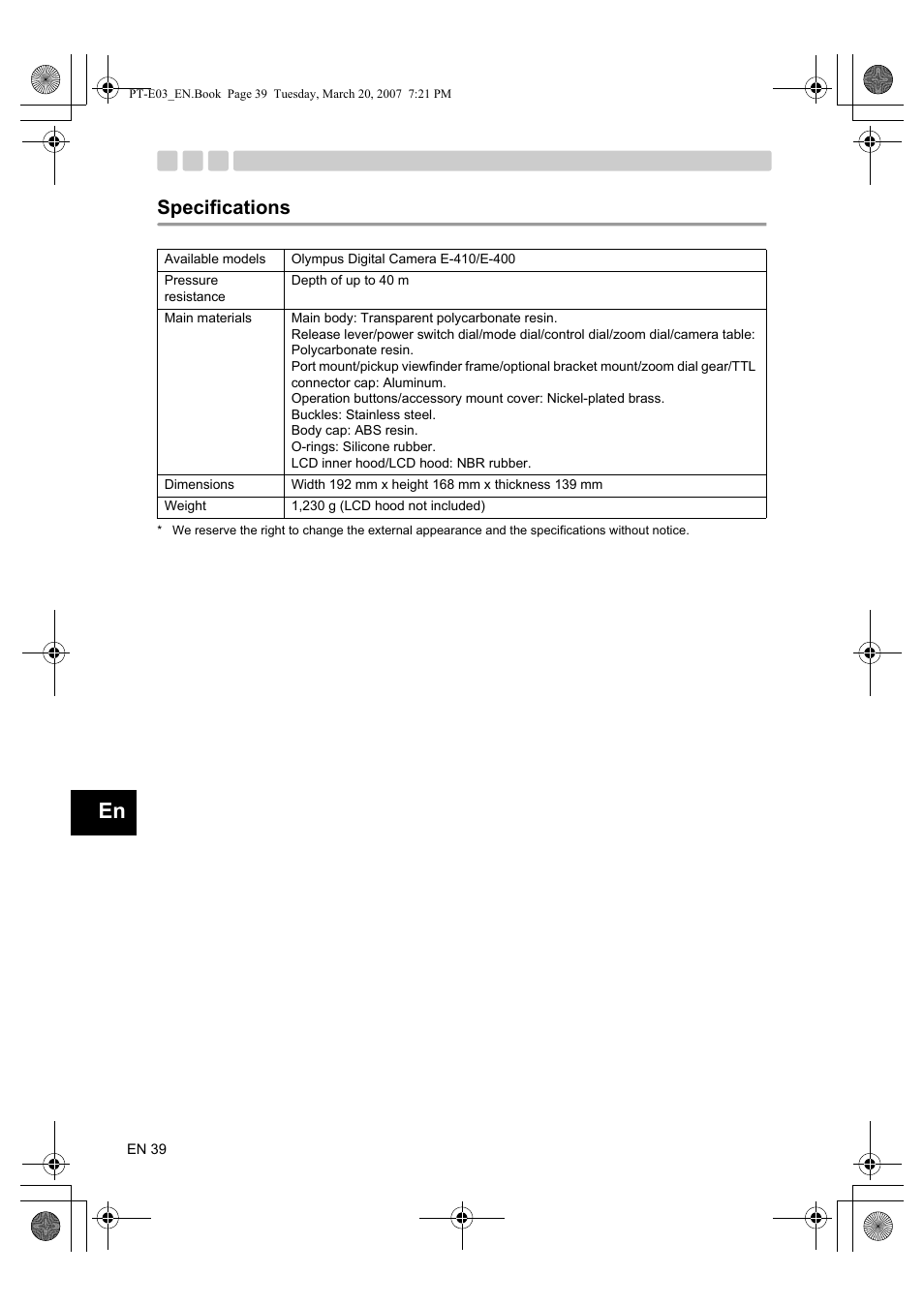 Specifications | Olympus PT E03 User Manual | Page 80 / 284