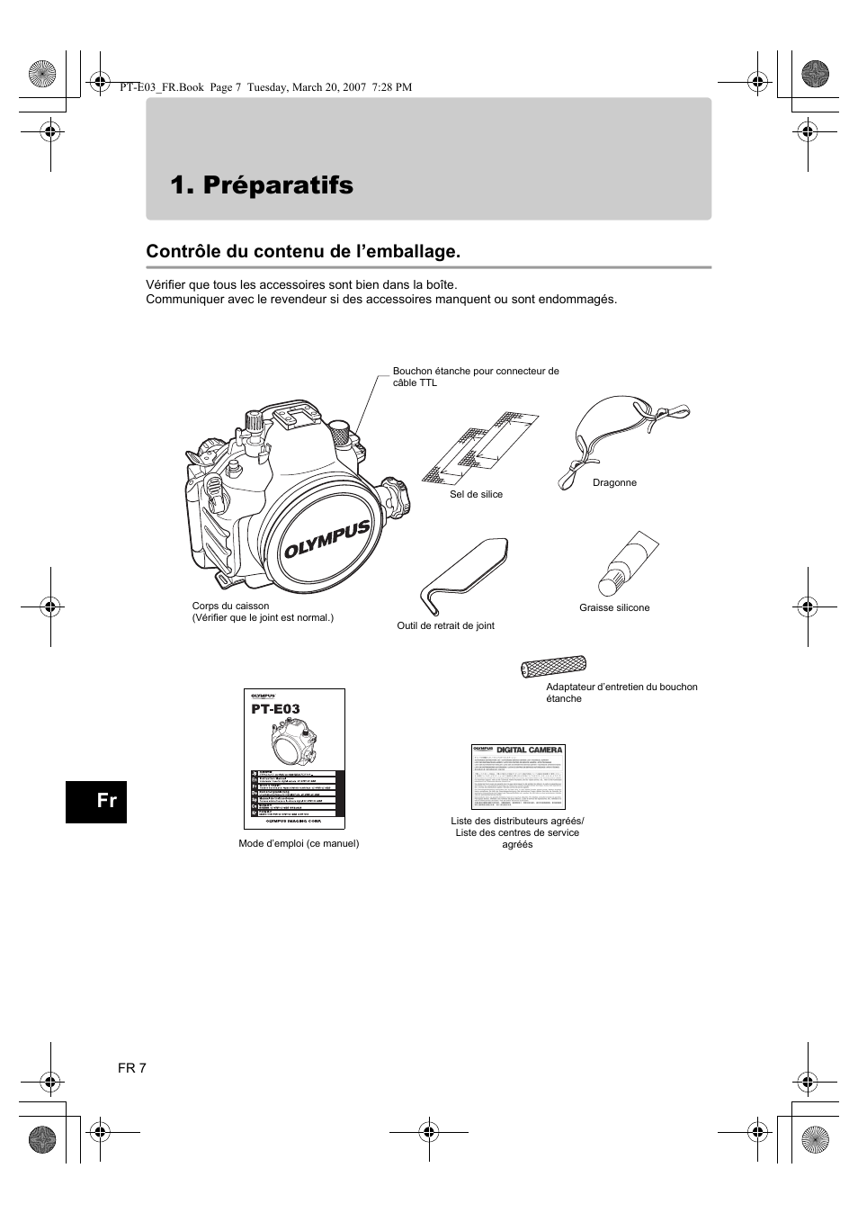 Préparatifs, Contrôle du contenu de l’emballage | Olympus PT E03 User Manual | Page 88 / 284