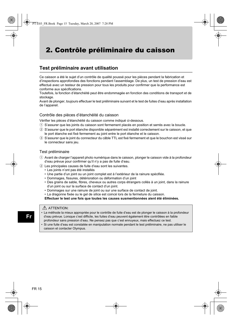Contrôle préliminaire du caisson, Test préliminaire avant utilisation | Olympus PT E03 User Manual | Page 96 / 284