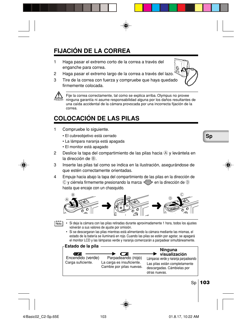 Fijación de la correa, Colocación de las pilas | Olympus C-2/D-230 User Manual | Page 103 / 164