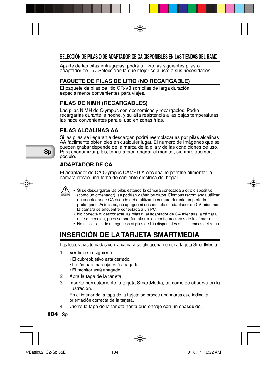 Inserción de la tarjeta smartmedia | Olympus C-2/D-230 User Manual | Page 104 / 164