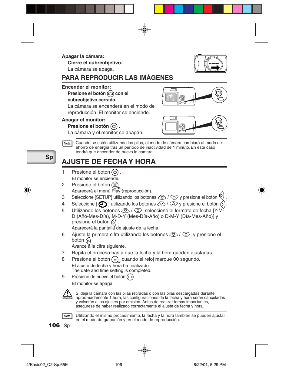 Ajuste de fecha y hora, Para reproducir las imágenes | Olympus C-2/D-230 User Manual | Page 106 / 164