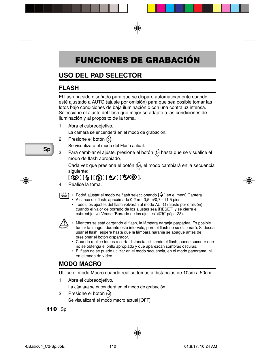 Funciones de grabación, Uso del pad selector, Flash | Modo macro | Olympus C-2/D-230 User Manual | Page 110 / 164