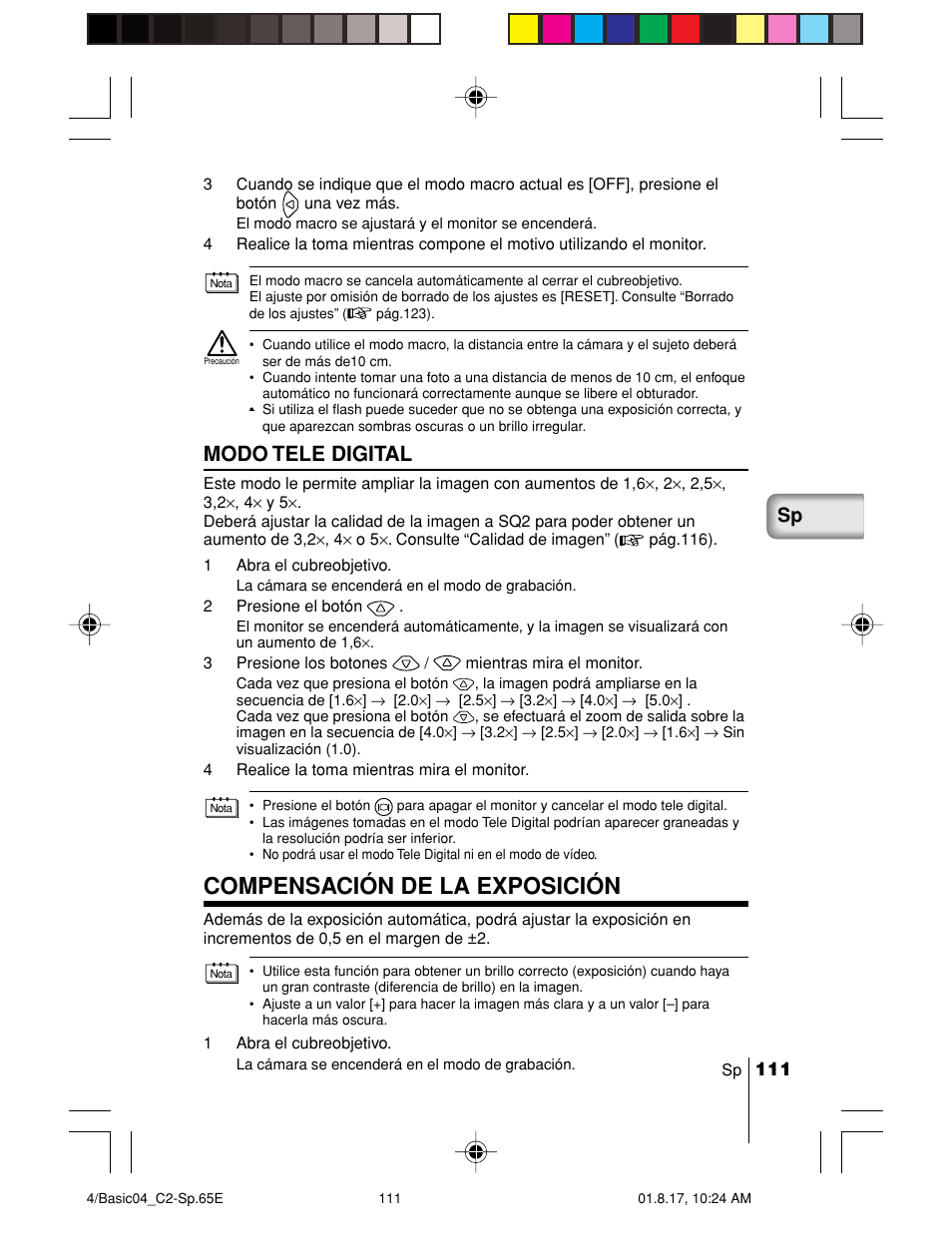 Compensación de la exposición, Modo tele digital | Olympus C-2/D-230 User Manual | Page 111 / 164