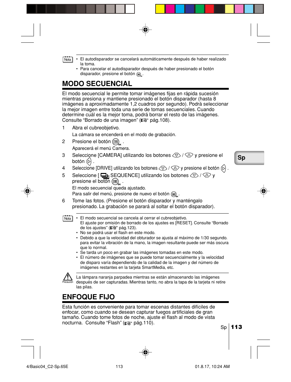 Modo secuencial, Enfoque fijo | Olympus C-2/D-230 User Manual | Page 113 / 164