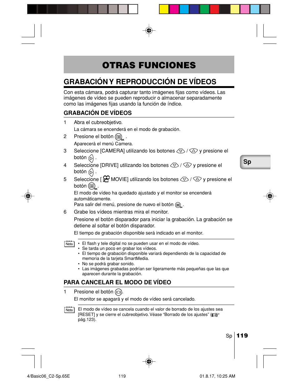 Otras funciones, Grabación y reproducción de vídeos | Olympus C-2/D-230 User Manual | Page 119 / 164