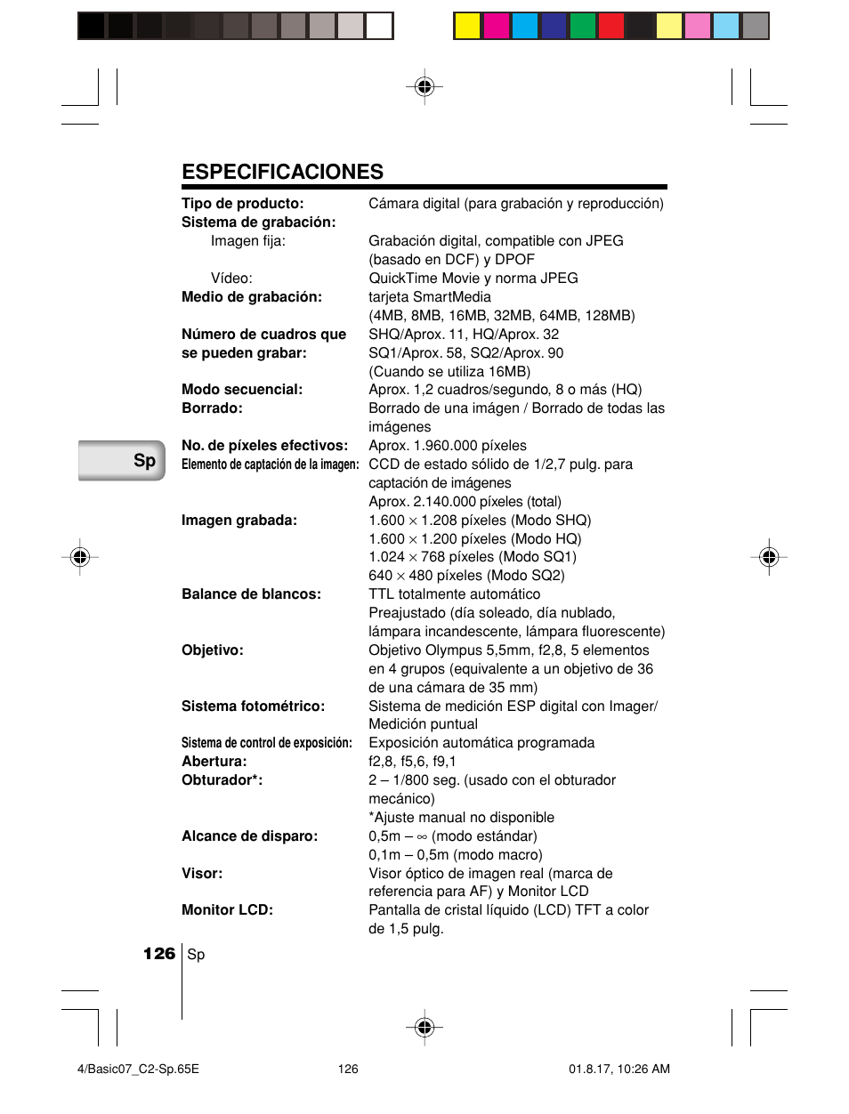 Especificaciones | Olympus C-2/D-230 User Manual | Page 126 / 164