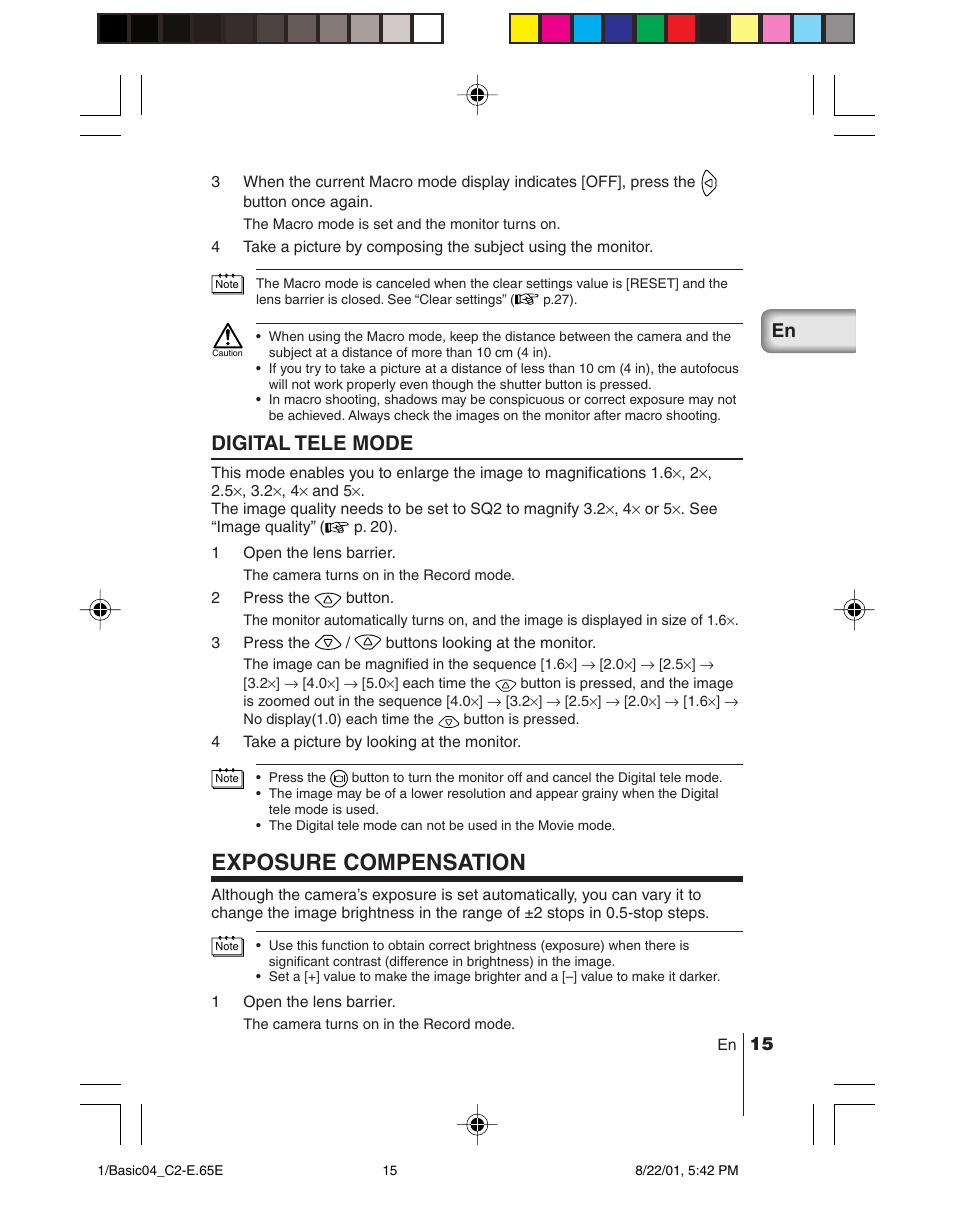 Exposure compensation, Digital tele mode | Olympus C-2/D-230 User Manual | Page 15 / 164