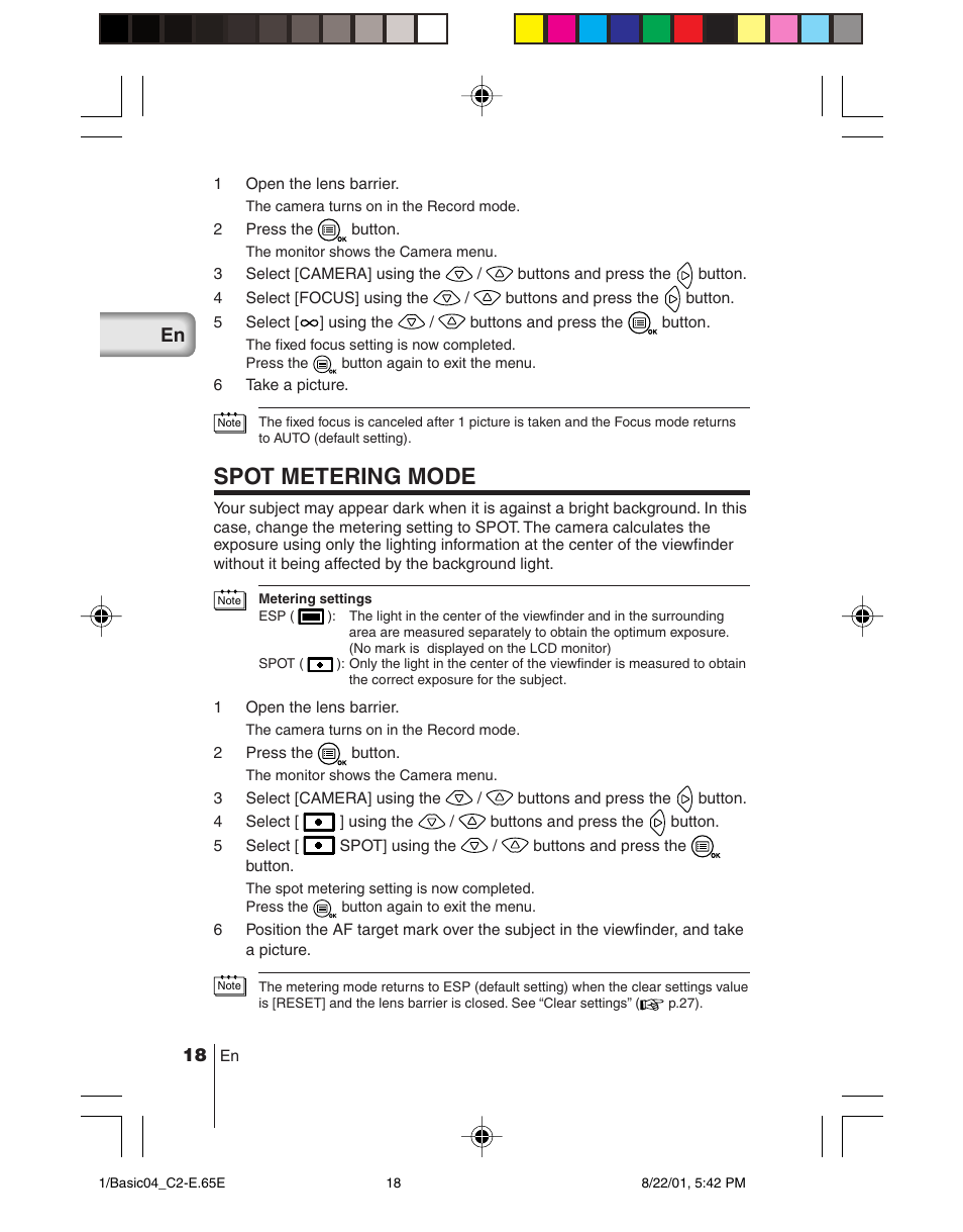 Spot metering mode | Olympus C-2/D-230 User Manual | Page 18 / 164