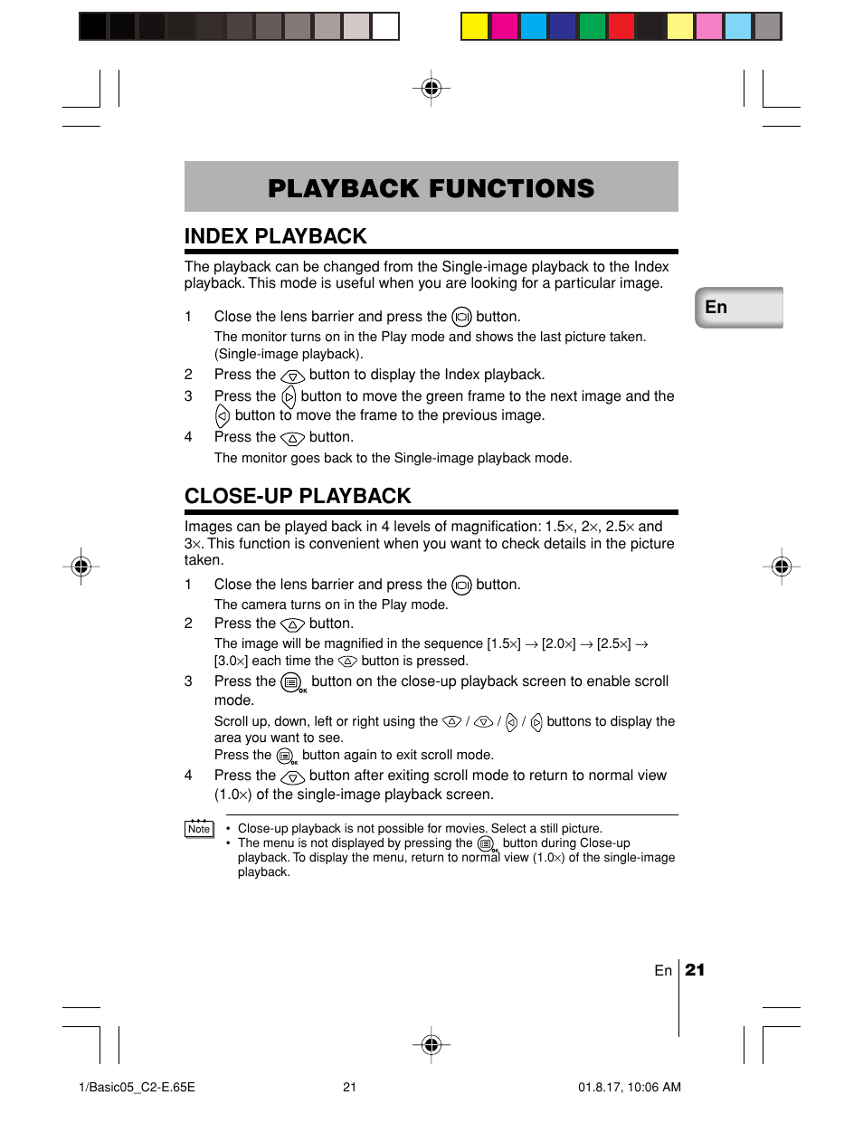 Playback functions, Index playback, Close-up playback | Olympus C-2/D-230 User Manual | Page 21 / 164