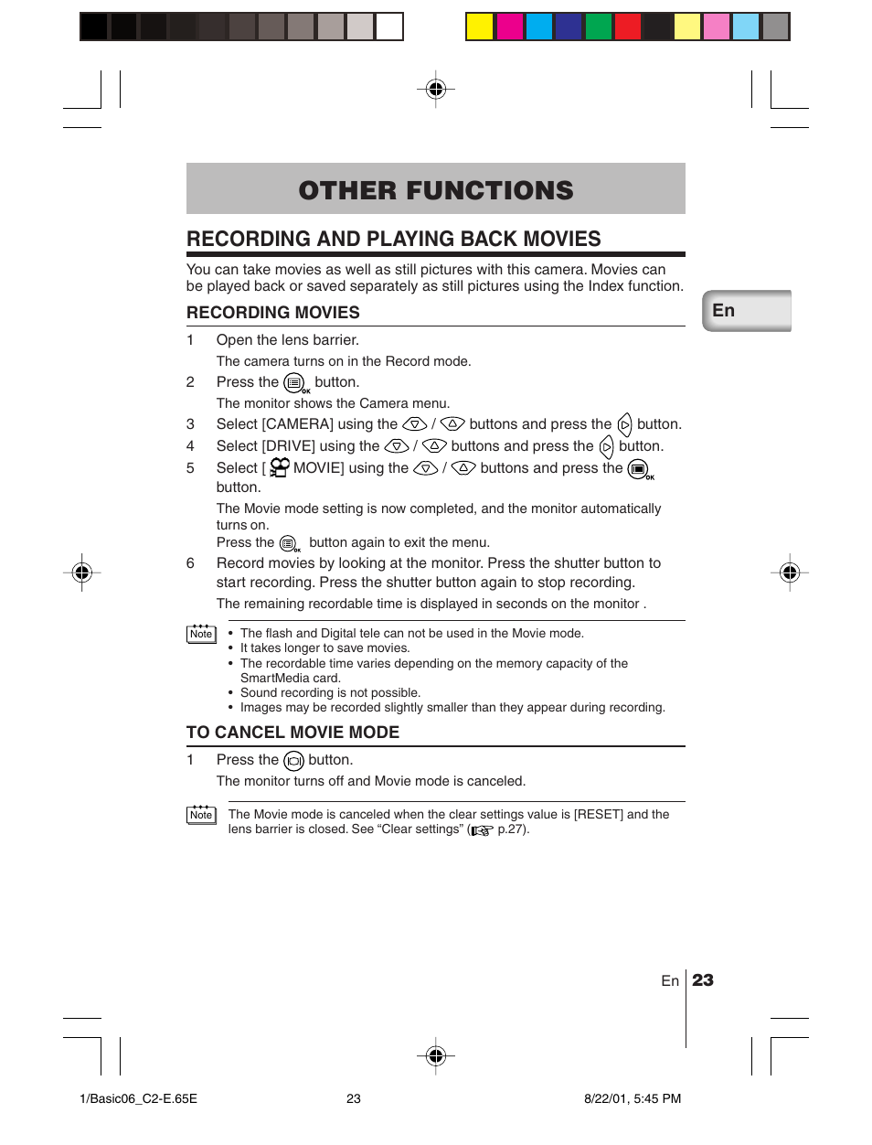 Other functions, Recording and playing back movies | Olympus C-2/D-230 User Manual | Page 23 / 164