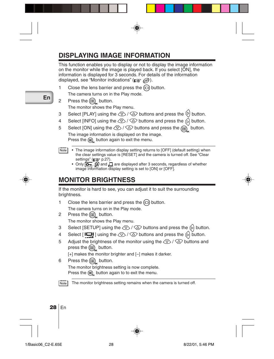 Displaying image information, Monitor brightness | Olympus C-2/D-230 User Manual | Page 28 / 164